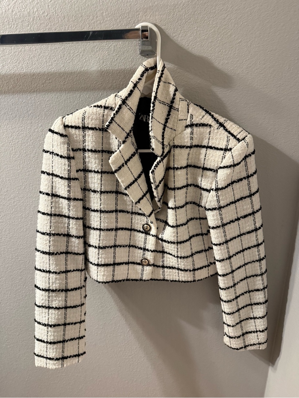 Zara Cropped Cream Jacket with Black Windowpane Check